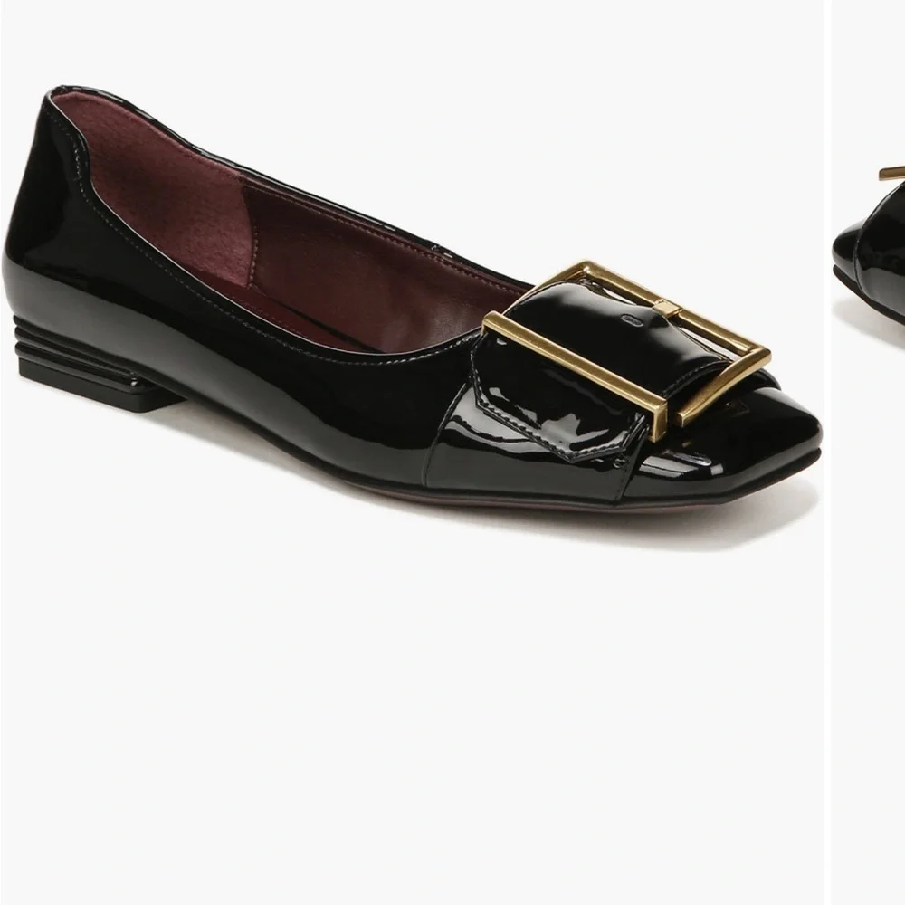 Franco Sarto Black Patent Loafers with Gold Buckle